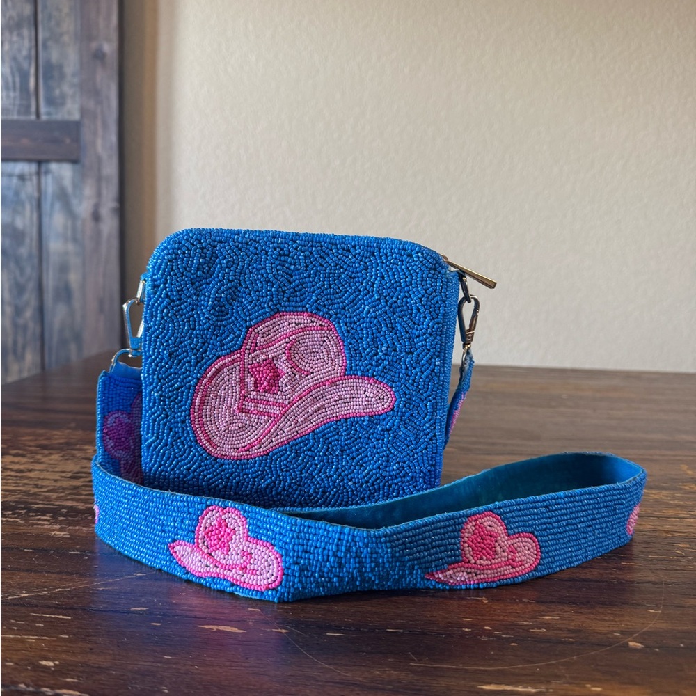 Blue Beaded Crossbody Bag with Pink Cowboy Hat Design